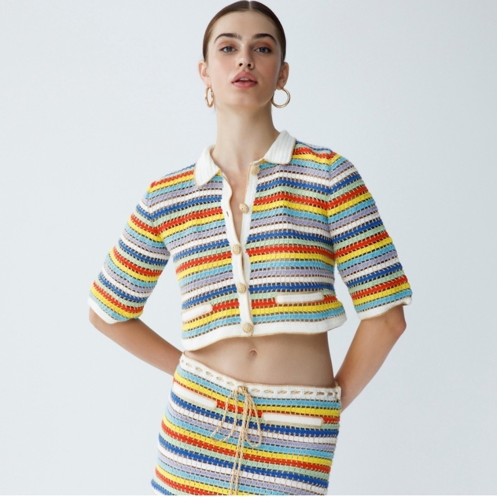 NWT My Beachy Side Sabrina Hand-Crocheted Crop Cardigan Sweater Striped Small